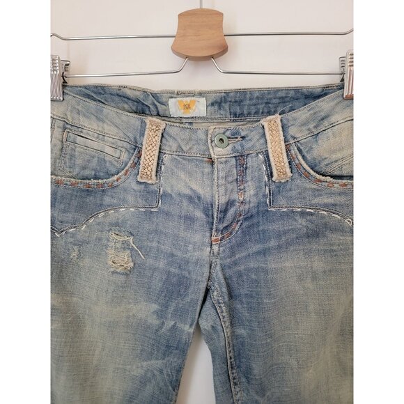 Y2K ANTIK DENIM Distressed Bootcut Low Rise Jeans Weave Pattern Women's Size 27 - Picture 3 of 12